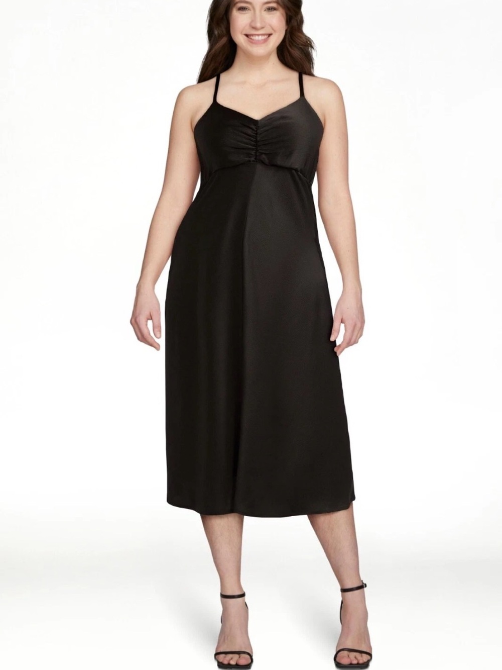 sofia by sofia vergara Black Satin Midi Slip Dress Ruched Bodice Sz L NWT/0427